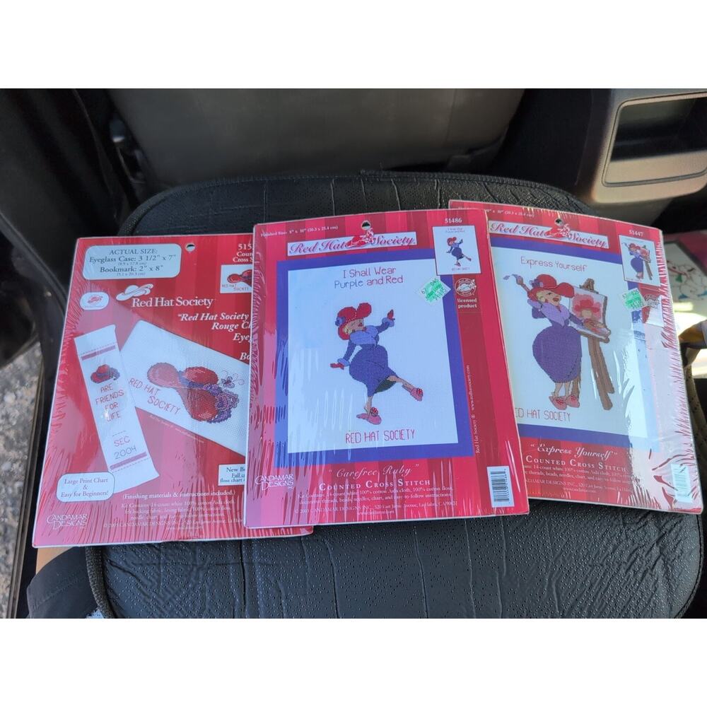 LOT OF 3 New Old Stock COUNTED CROSS STITCH KITS / RED HAT SOCIETY - Sealed